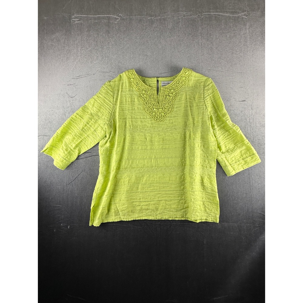 Alfred Dunner Petite Lime Green Crochet Lace Neck Blouse 3/4 Sleeve Top 16P